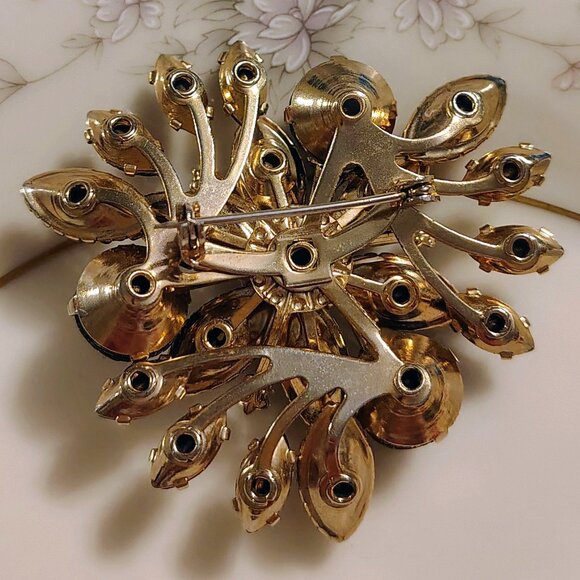 Vtg 50s Orange Topaz & Aurora Borealis AB Rhinestone High End Glam Swedge Brooch - Picture 4 of 6